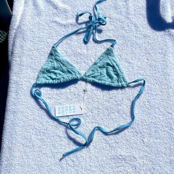 Frankie's Bikinis String Bikini Top Sky Terry Jacquard Med. NWT - Picture 3 of 7